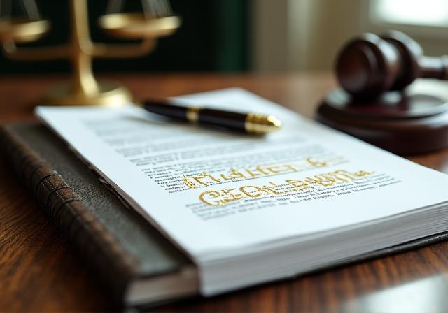 Professional legal workspace with contract documents and law books