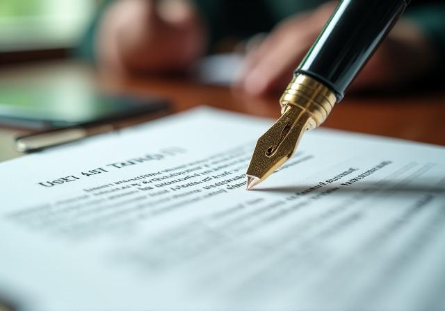 Close-up of a signed commercial legal document on a mahogany desk