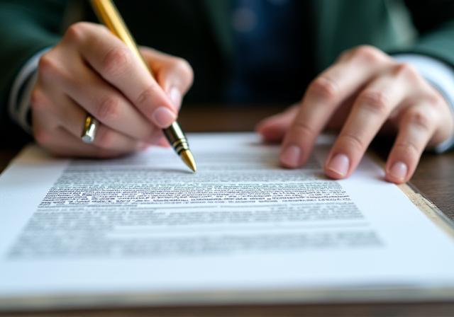 Business professional reviewing a legal document with a gold pen