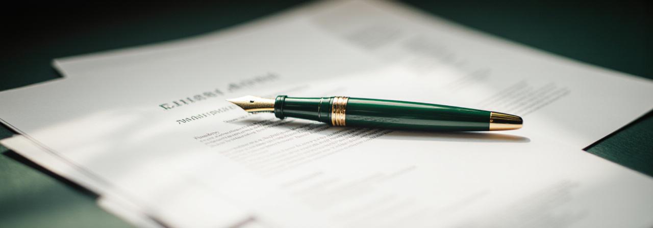 A fountain pen resting on a finely drafted legal contract, representing meticulous legal work